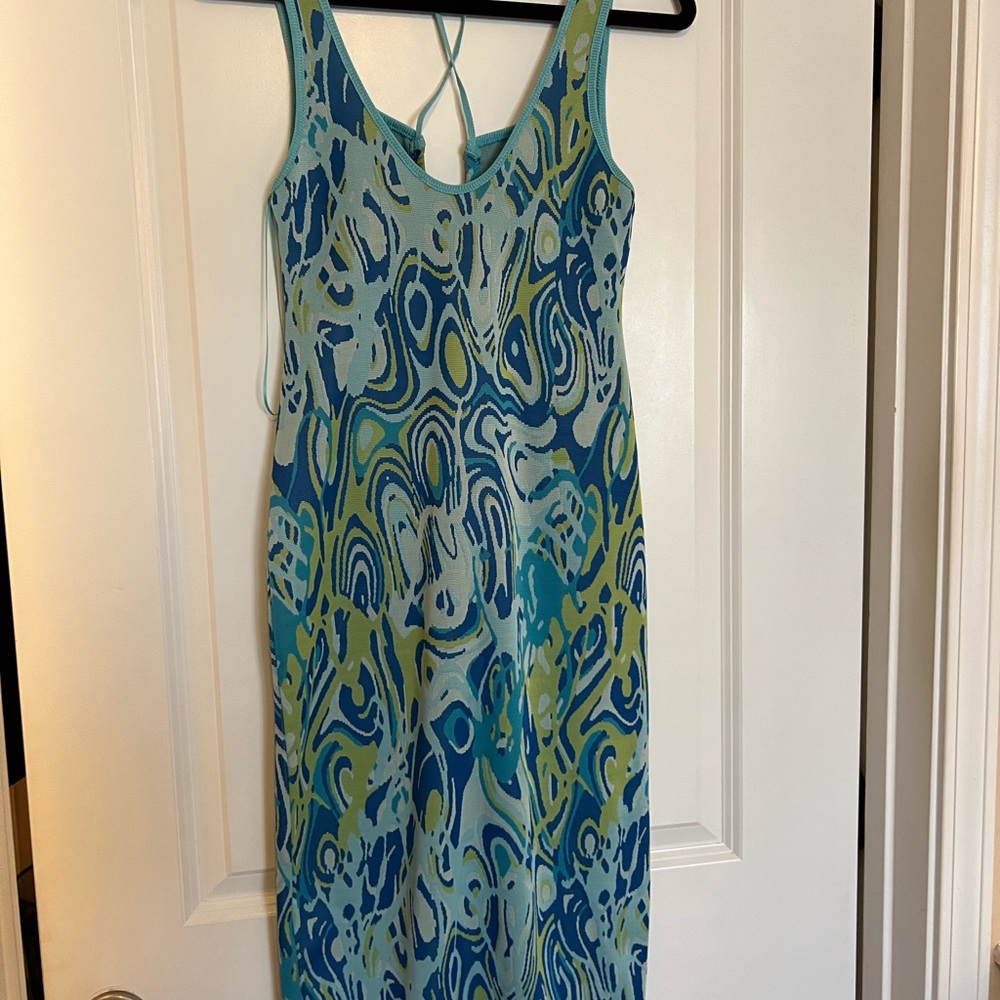 Zara Light Blue Print Cut out Jacquard Midi Size M - Picture 9 of 14